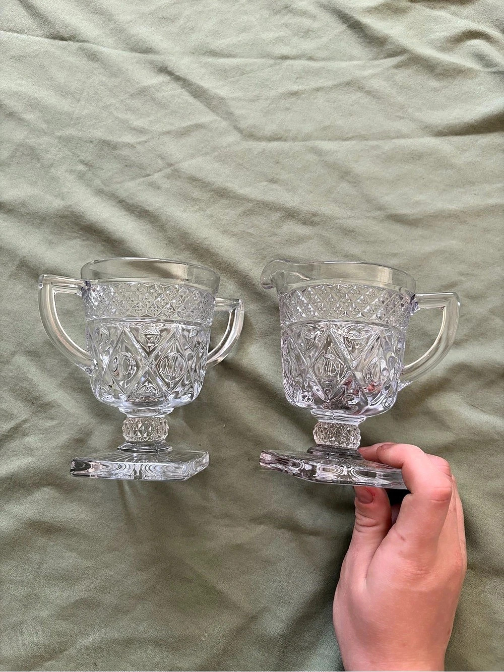 Vintage Clear Cut Glass Creamer Pitcher Set